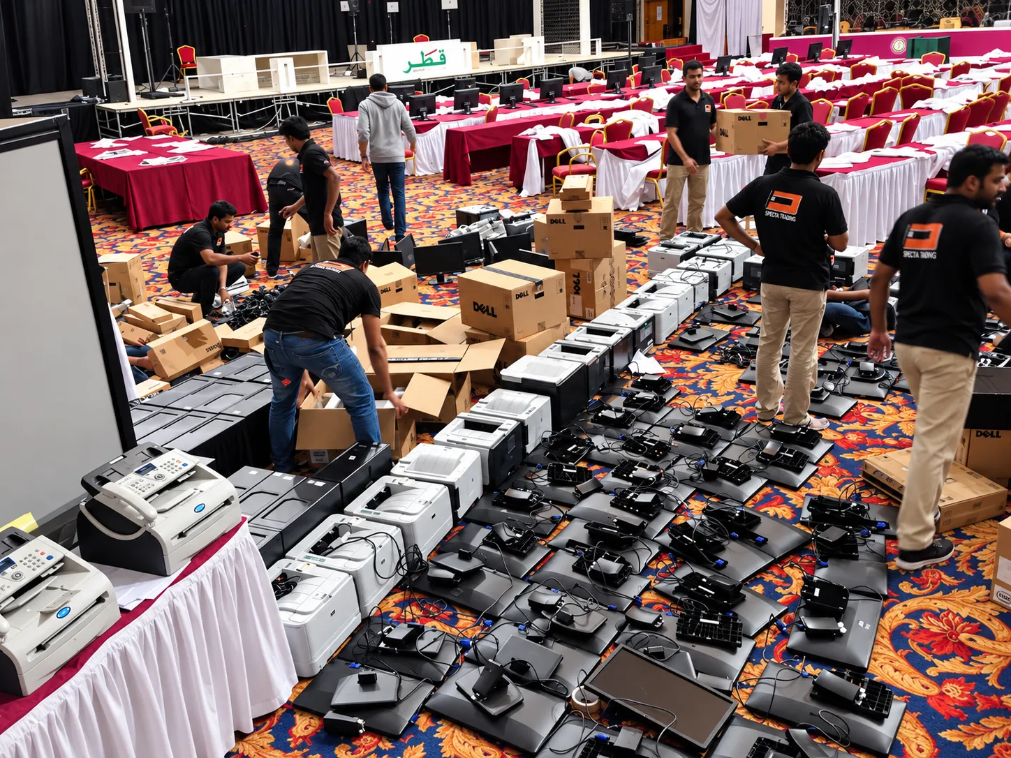 Specta team preparing IT equipment for a conference hall